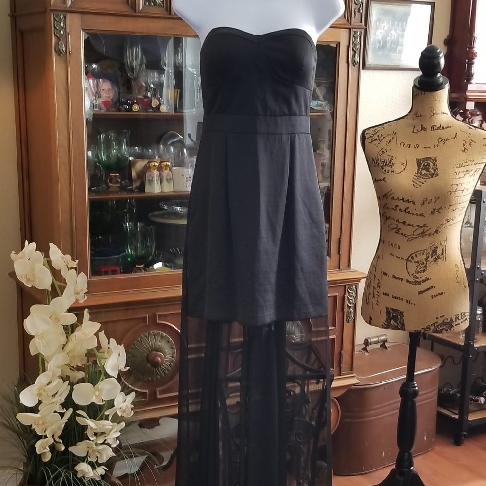 BCBGeration black strapless mini dress with train